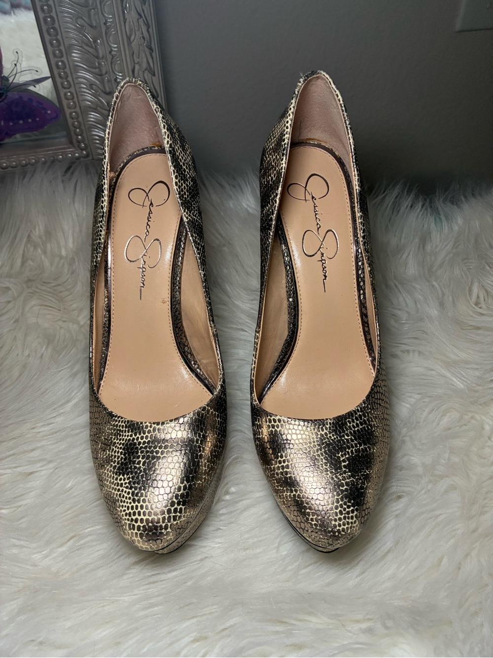 Jessica Simpson Metallic Gold Snake-Print Platform Heels